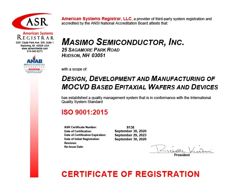 Masimo Semiconductor certificate of registration