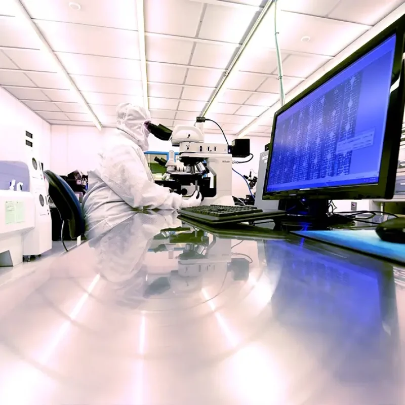 person in a clean suit in a lab looking through a microscope